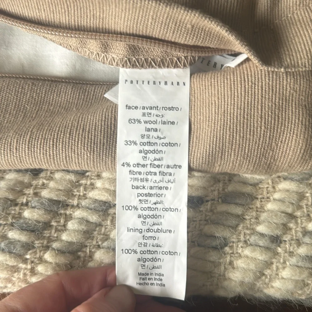Pottery Barn Wool Cotton Pillow Cover Cream Gray Chunky Diamond Zip Closure 22”